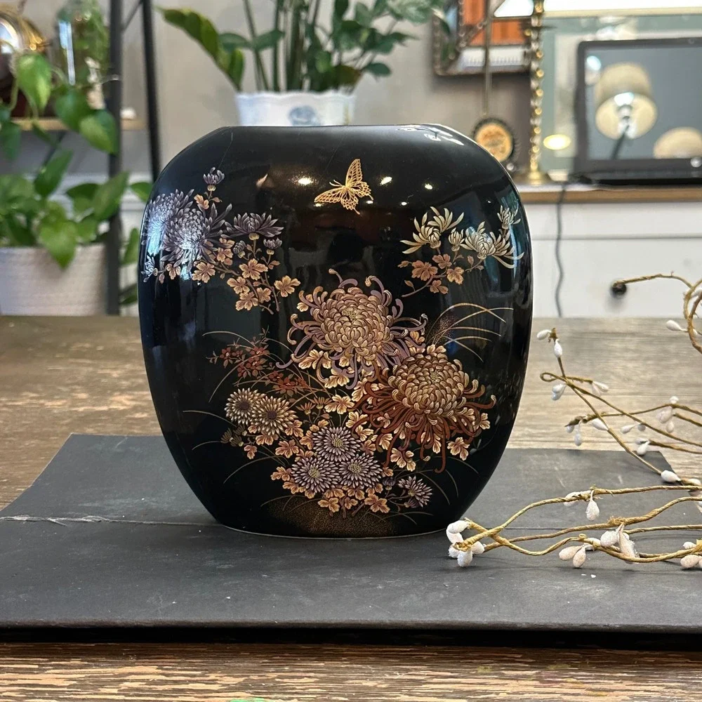 Vintage Japanese Black Porcelain Thin Vase Decor Chrysanthemum Butterfly 7 inch